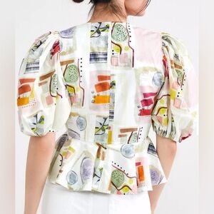 NWT- Hunter Bell NYC Cotton Abstract Print Puff Sleeve Peplum Blouse- Sz  2